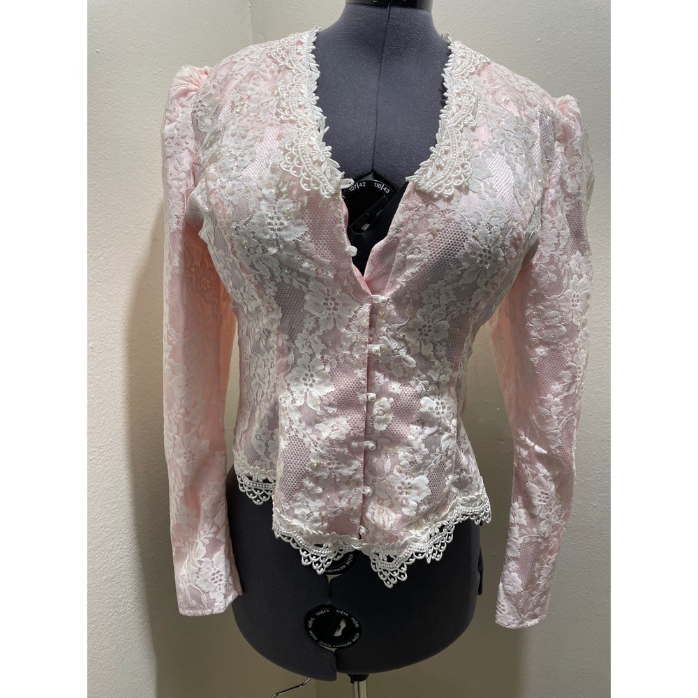 Jessica McClintock Vintage Pink Floral Lace Victorian 80s Top Coquette Size 12